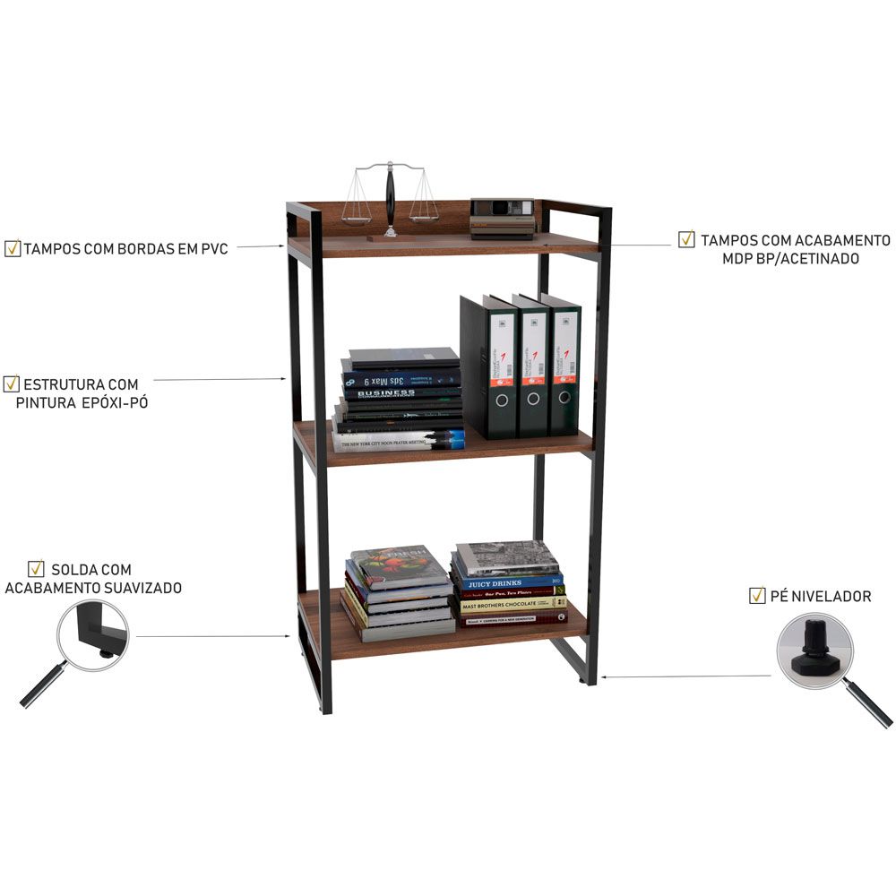 Kit Mesa Cavalete 135 cm com Estante 3 Prateleiras Estilo Industrial Form C01 Nogal - Lyam Decor