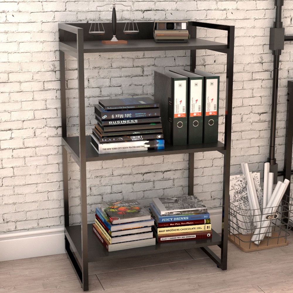 Kit Mesa Cavalete 135 cm com Estante 3 Prateleiras Estilo Industrial Form C01 Preto Onix - Lyam Decor