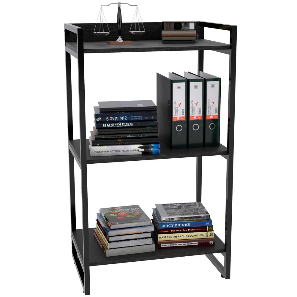 Kit Mesa Cavalete 135 cm com Estante 3 Prateleiras Estilo Industrial Form C01 Preto Onix - Lyam Decor