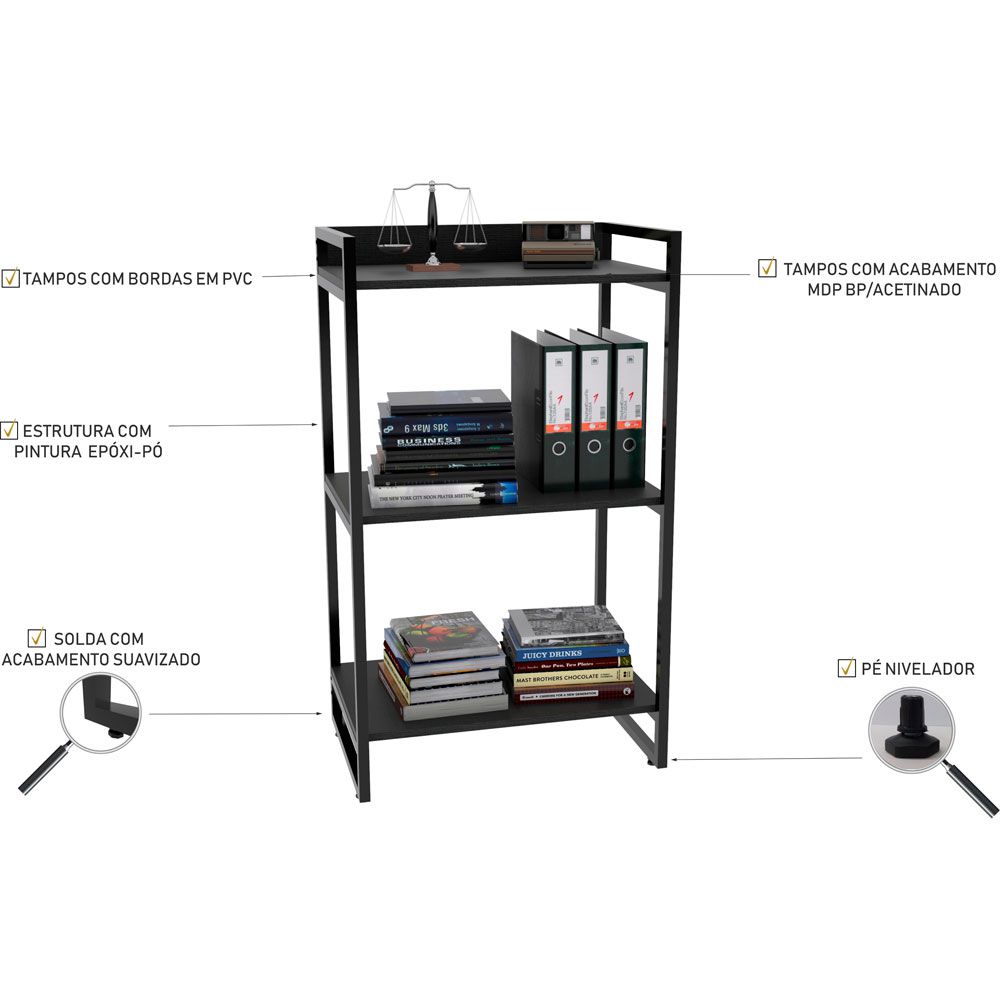 Kit Mesa Cavalete 135 cm com Estante 3 Prateleiras Estilo Industrial Form C01 Preto Onix - Lyam Decor