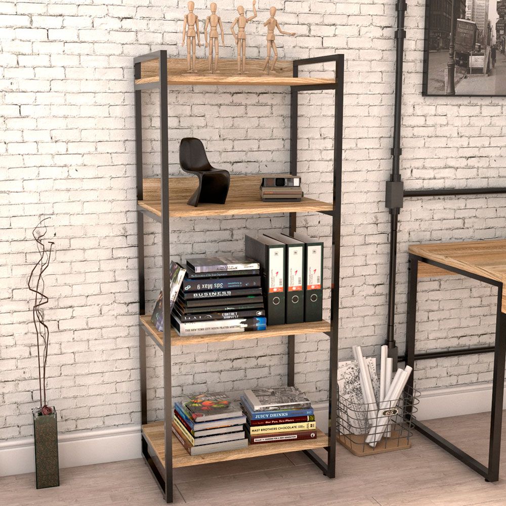 Kit Mesa Cavalete 135 cm com Estante 4 Prateleiras Estilo Industrial Form C01 Carvalho - Lyam Decor