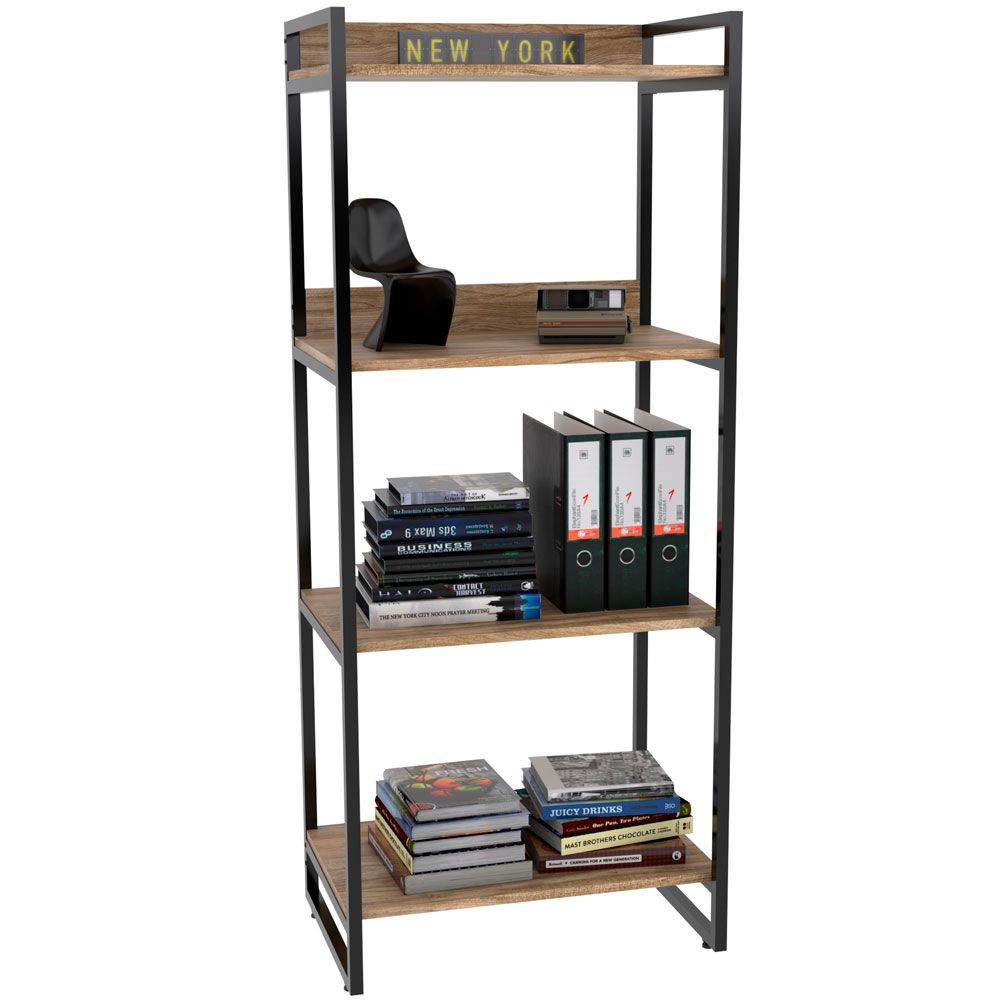 Kit Mesa Cavalete 135 cm com Estante 4 Prateleiras Estilo Industrial Form C01 Carvalho - Lyam Decor