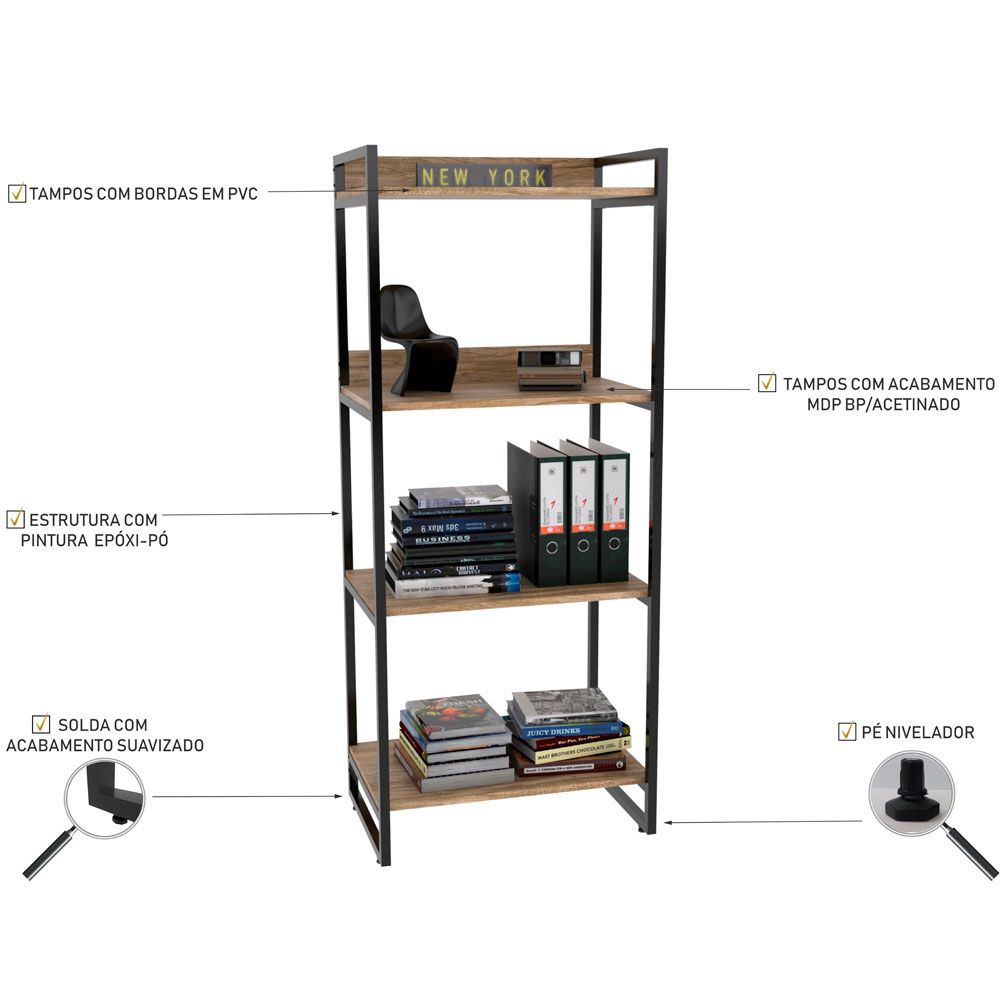 Kit Mesa Cavalete 135 cm com Estante 4 Prateleiras Estilo Industrial Form C01 Carvalho - Lyam Decor