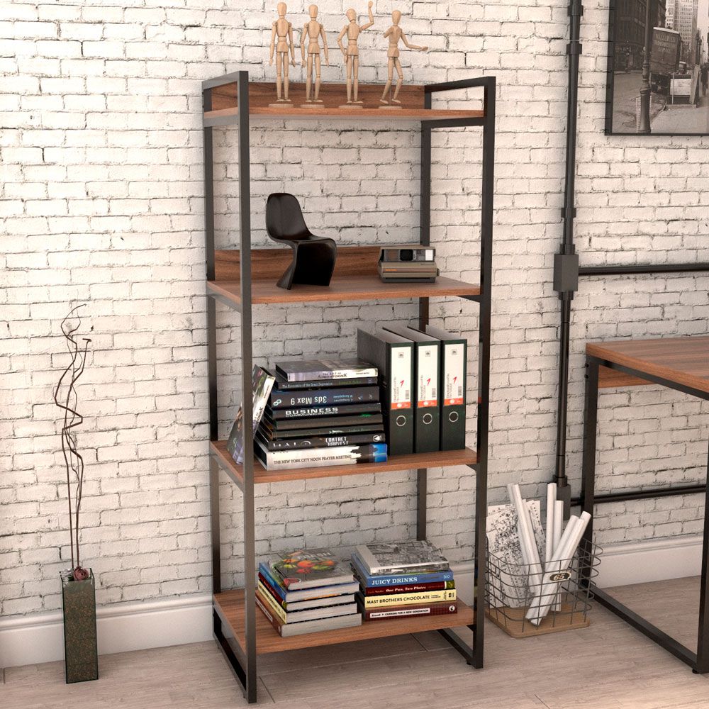 Kit Mesa Cavalete 135 cm com Estante 4 Prateleiras Estilo Industrial Form C01 Nogal - Lyam Decor