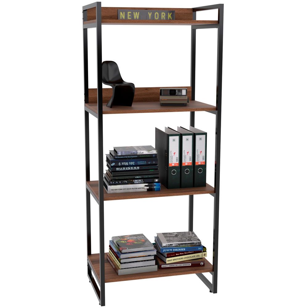 Kit Mesa Cavalete 135 cm com Estante 4 Prateleiras Estilo Industrial Form C01 Nogal - Lyam Decor