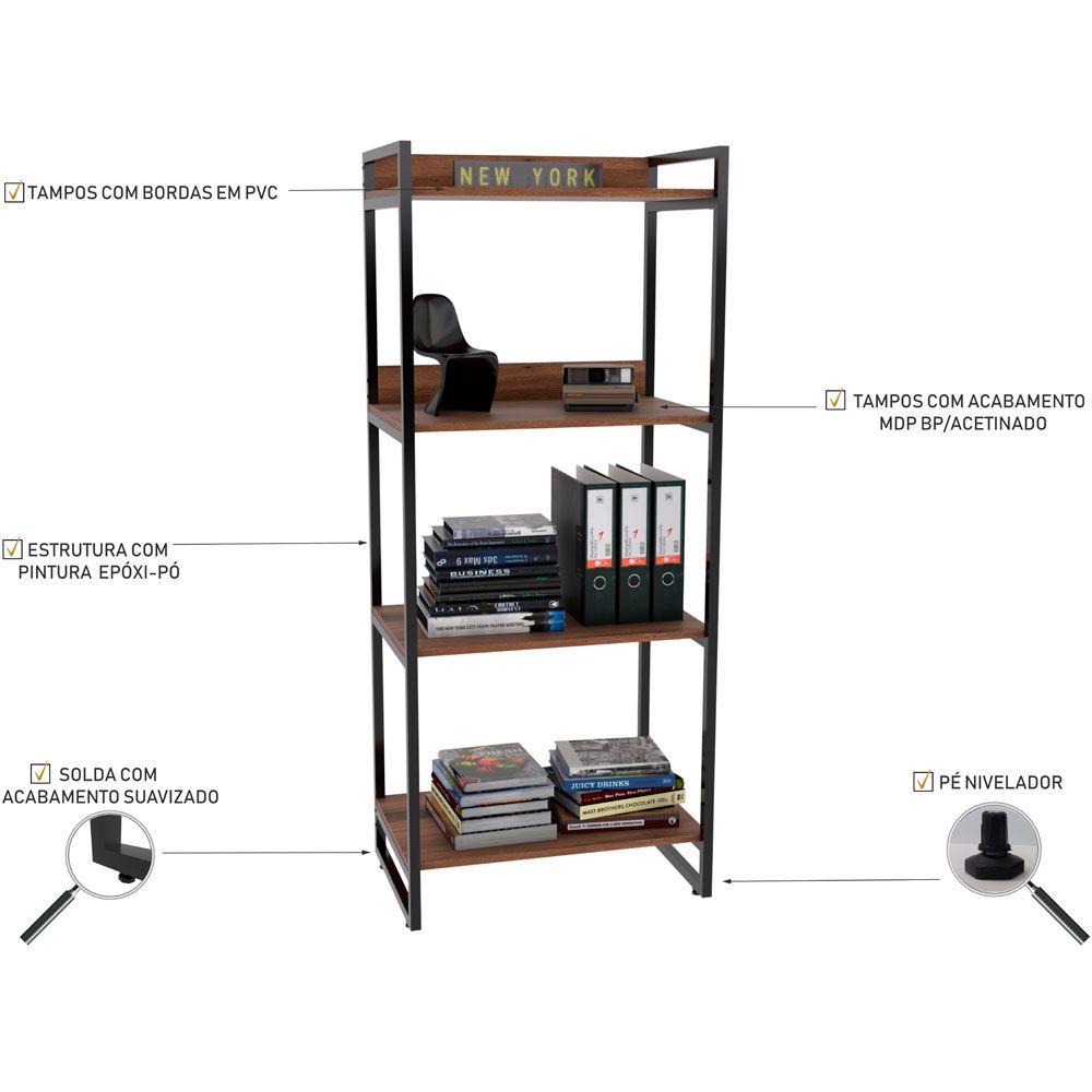Kit Mesa Cavalete 135 cm com Estante 4 Prateleiras Estilo Industrial Form C01 Nogal - Lyam Decor
