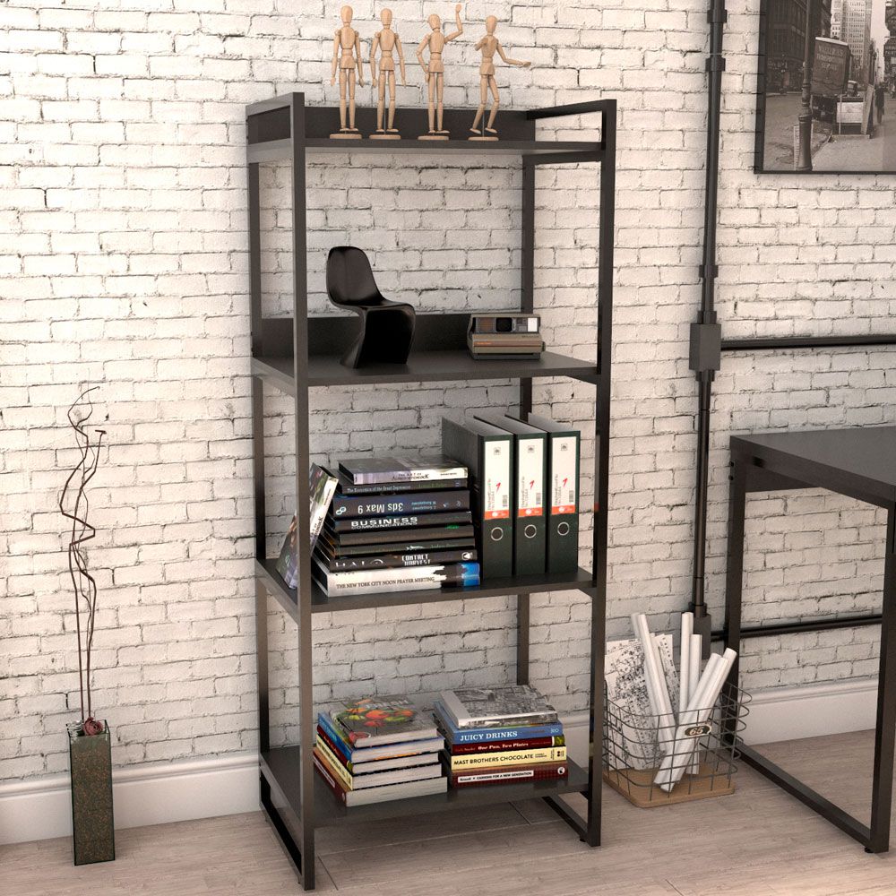 Kit Mesa Cavalete 135 cm com Estante 4 Prateleiras Estilo Industrial Form C01 Preto Onix - Lyam Decor