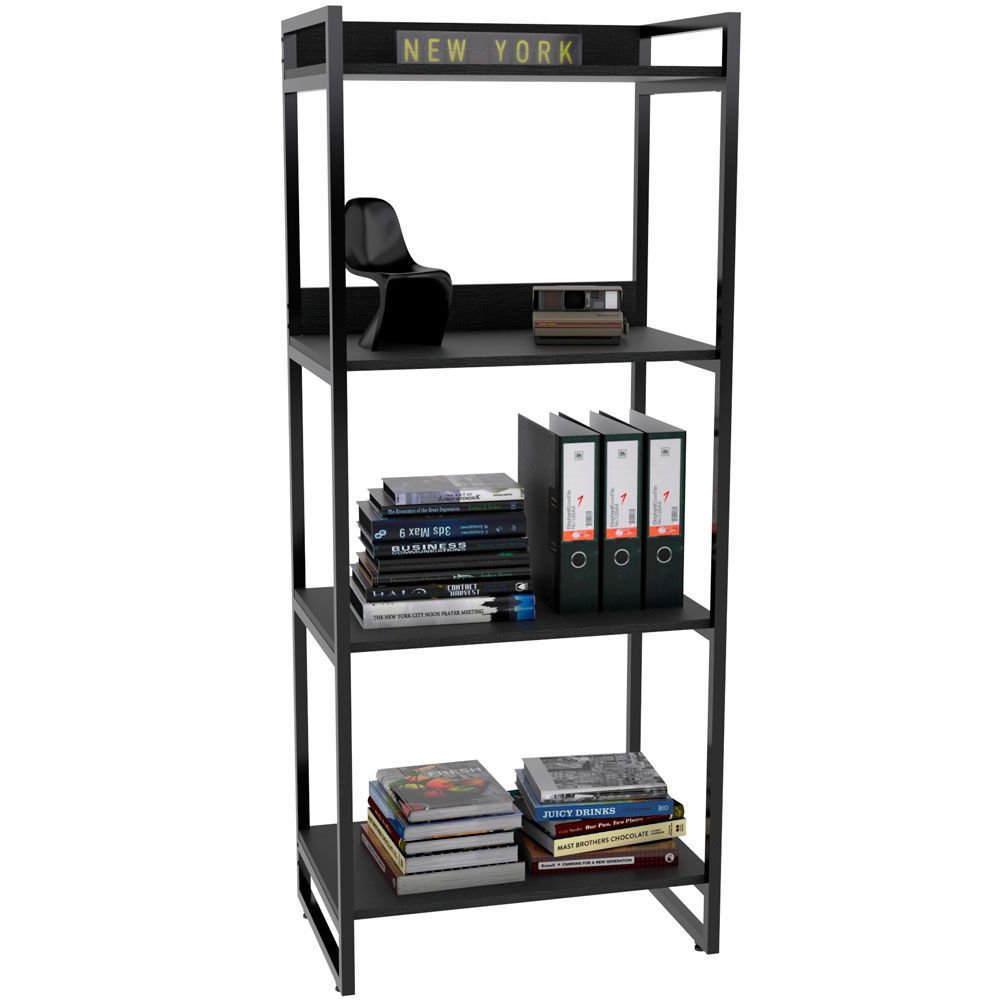 Kit Mesa Cavalete 135 cm com Estante 4 Prateleiras Estilo Industrial Form C01 Preto Onix - Lyam Decor