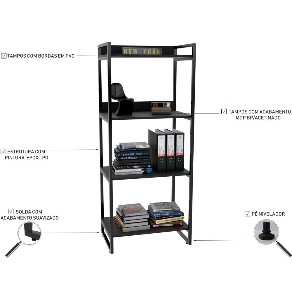 Kit Mesa Cavalete 135 cm com Estante 4 Prateleiras Estilo Industrial Form C01 Preto Onix - Lyam Decor