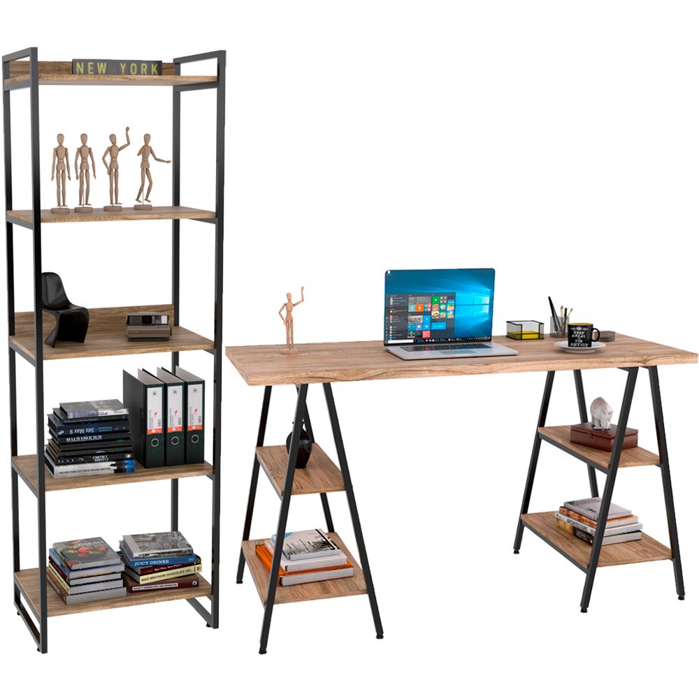 Kit Mesa Cavalete 135 cm com Estante 5 Prateleiras Estilo Industrial Form C01 Carvalho - Lyam Decor