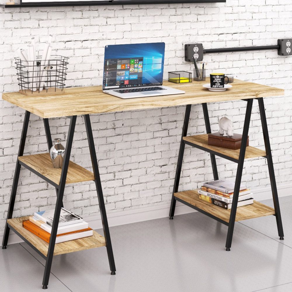 Kit Mesa Cavalete 135 cm com Estante 5 Prateleiras Estilo Industrial Form C01 Carvalho - Lyam Decor