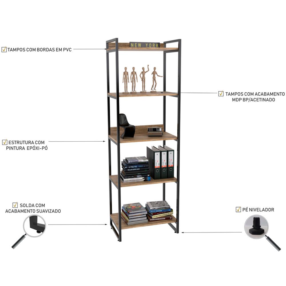 Kit Mesa Cavalete 135 cm com Estante 5 Prateleiras Estilo Industrial Form C01 Carvalho - Lyam Decor