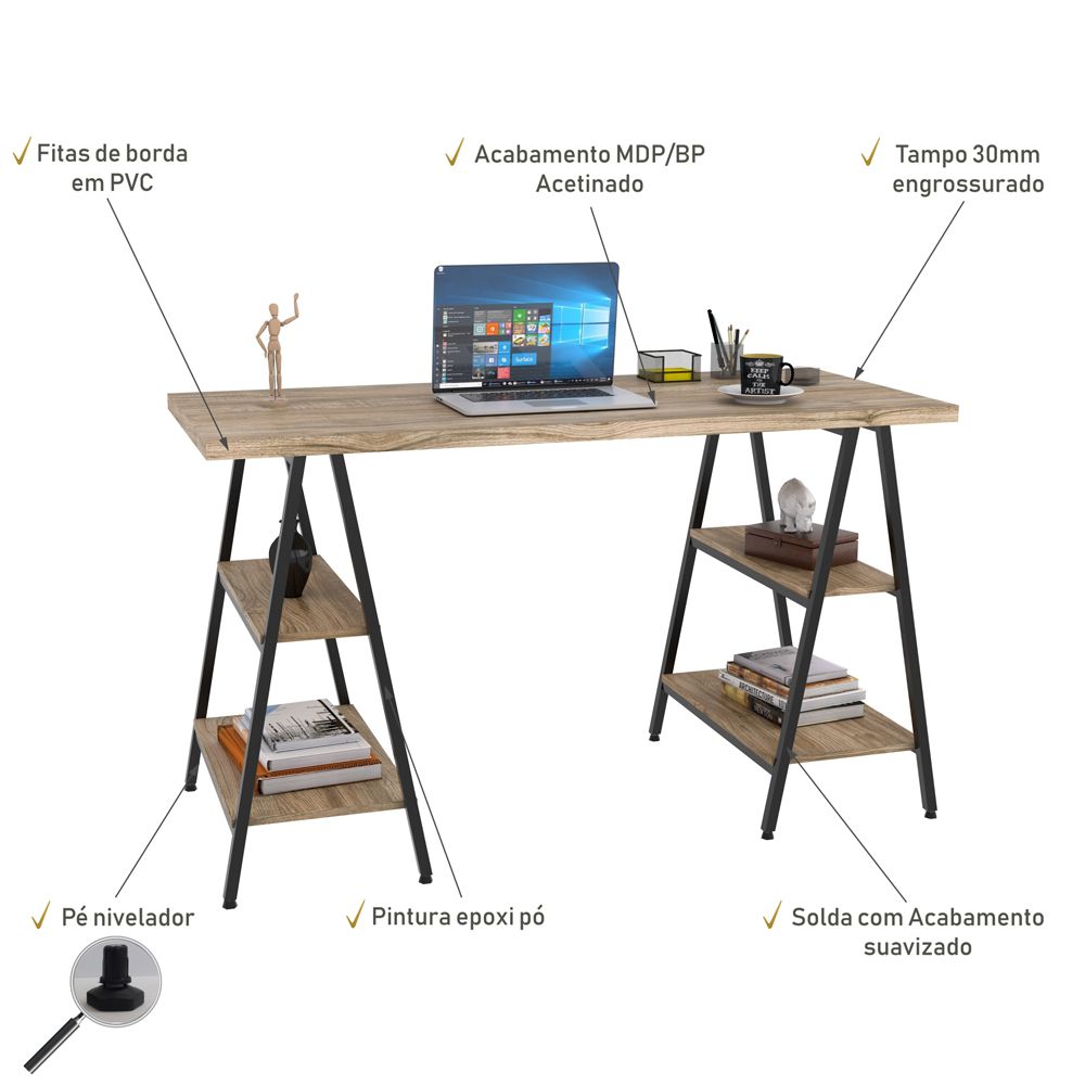 Kit Mesa Cavalete 135 cm com Estante 5 Prateleiras Estilo Industrial Form C01 Carvalho - Lyam Decor