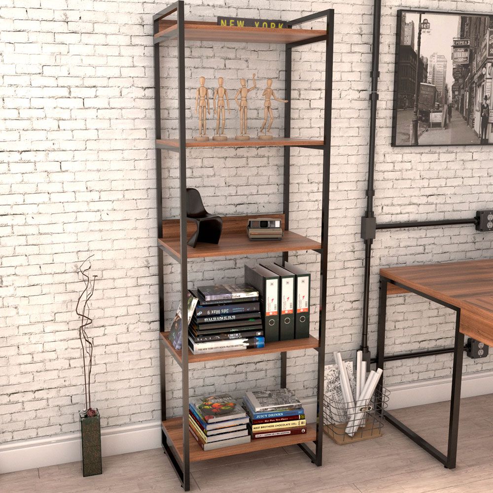 Kit Mesa Cavalete 135 cm com Estante 5 Prateleiras Estilo Industrial Form C01 Nogal - Lyam Decor