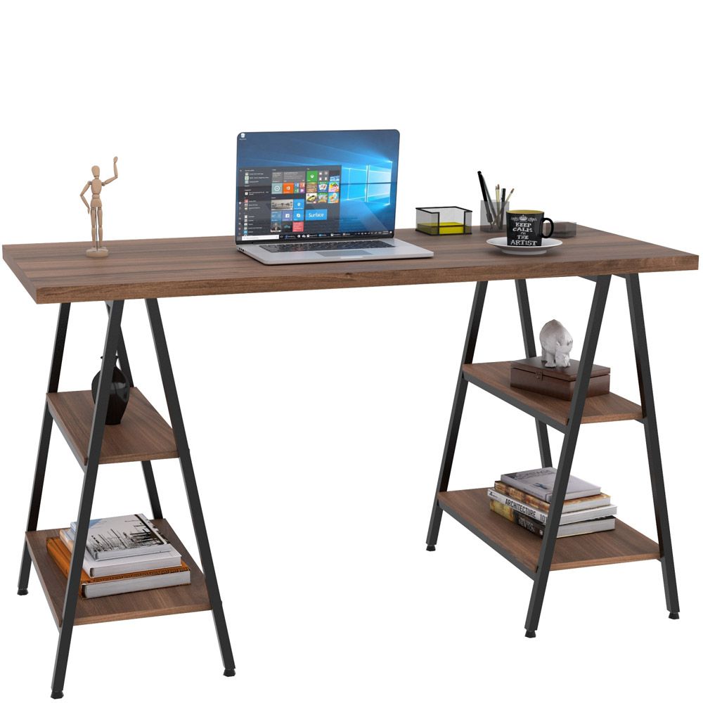 Kit Mesa Cavalete 135 cm com Estante 5 Prateleiras Estilo Industrial Form C01 Nogal - Lyam Decor