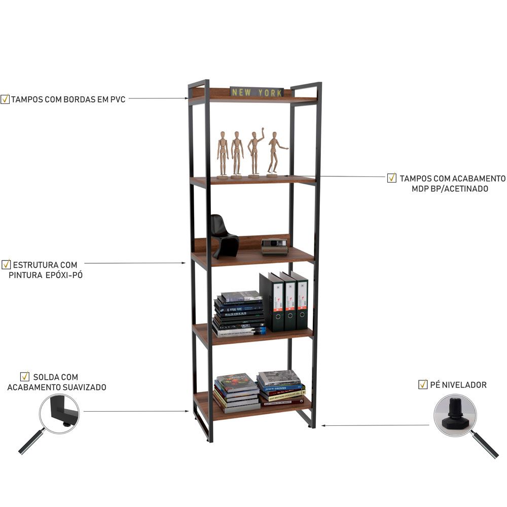 Kit Mesa Cavalete 135 cm com Estante 5 Prateleiras Estilo Industrial Form C01 Nogal - Lyam Decor