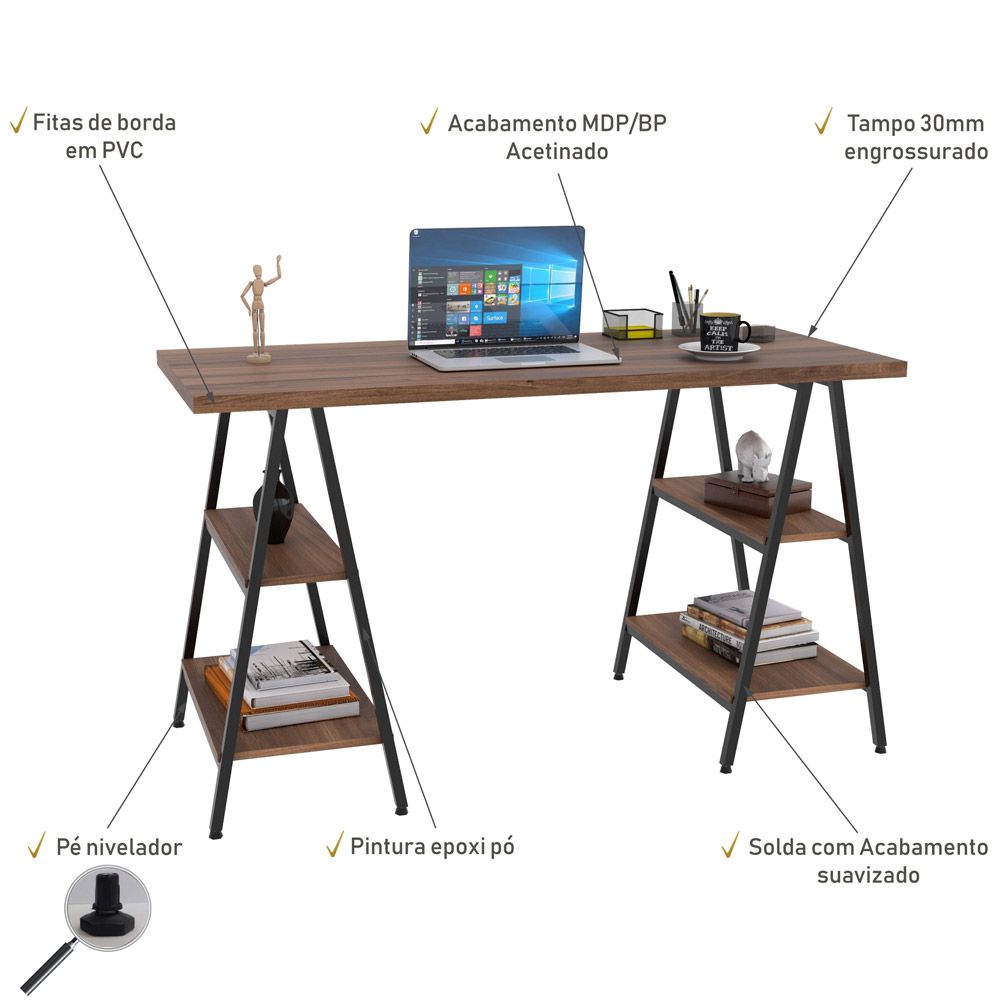 Kit Mesa Cavalete 135 cm com Estante 5 Prateleiras Estilo Industrial Form C01 Nogal - Lyam Decor