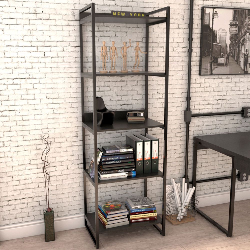 Kit Mesa Cavalete 135 cm com Estante 5 Prateleiras Estilo Industrial Form C01 Preto Onix - Lyam Decor