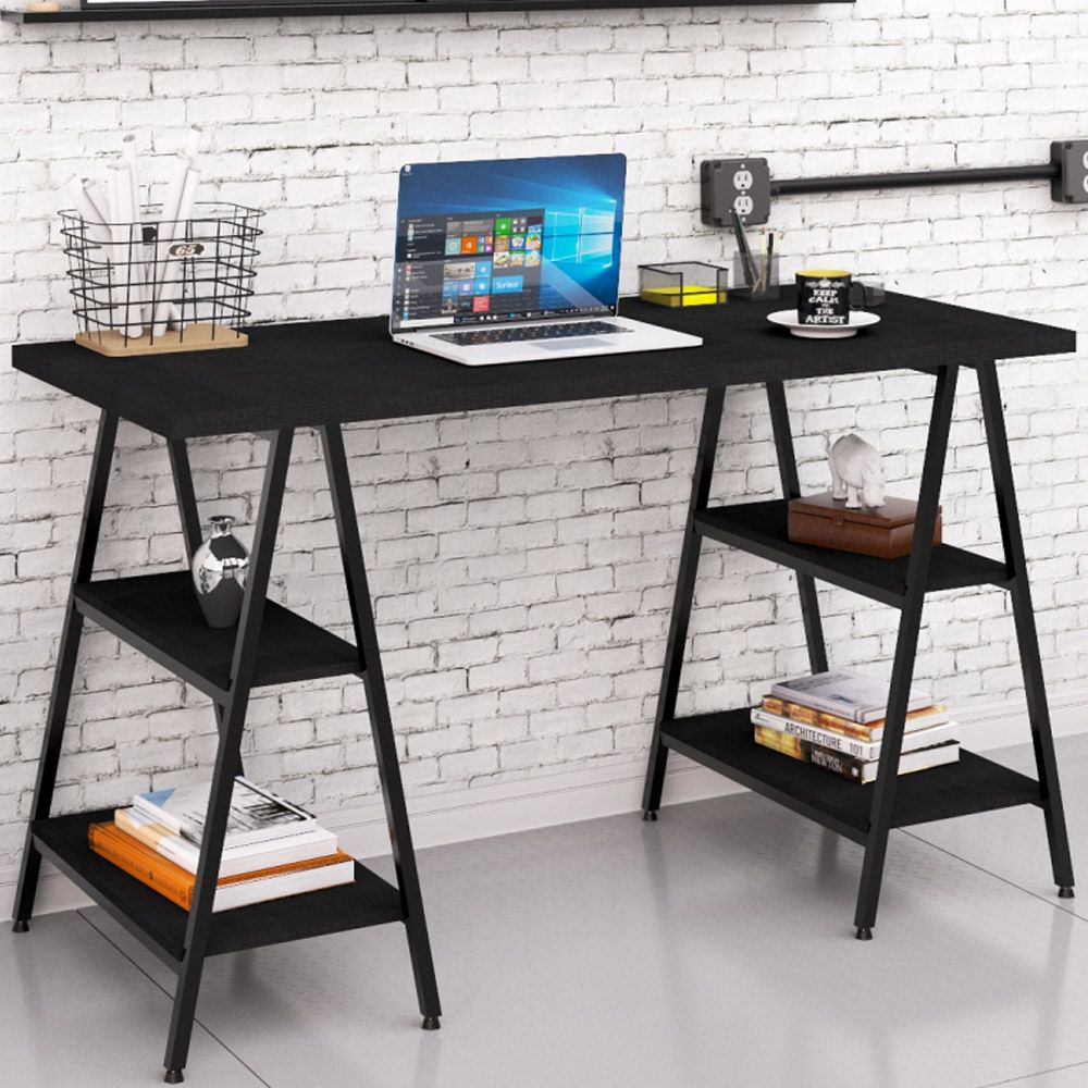 Kit Mesa Cavalete 135 cm com Estante 5 Prateleiras Estilo Industrial Form C01 Preto Onix - Lyam Decor