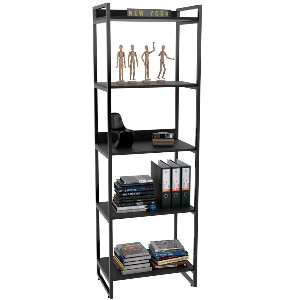 Kit Mesa Cavalete 135 cm com Estante 5 Prateleiras Estilo Industrial Form C01 Preto Onix - Lyam Decor