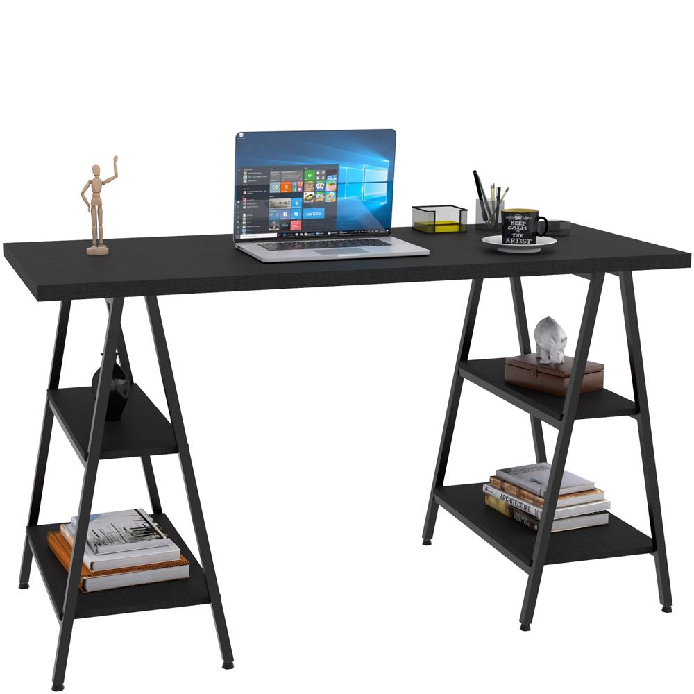 Kit Mesa Cavalete 135 cm com Estante 5 Prateleiras Estilo Industrial Form C01 Preto Onix - Lyam Decor