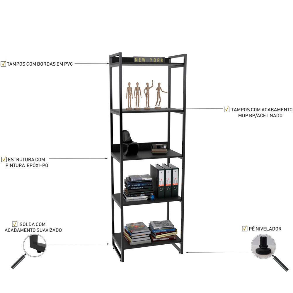 Kit Mesa Cavalete 135 cm com Estante 5 Prateleiras Estilo Industrial Form C01 Preto Onix - Lyam Decor