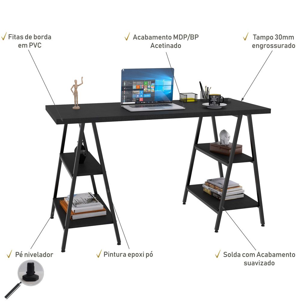 Kit Mesa Cavalete 135 cm com Estante 5 Prateleiras Estilo Industrial Form C01 Preto Onix - Lyam Decor