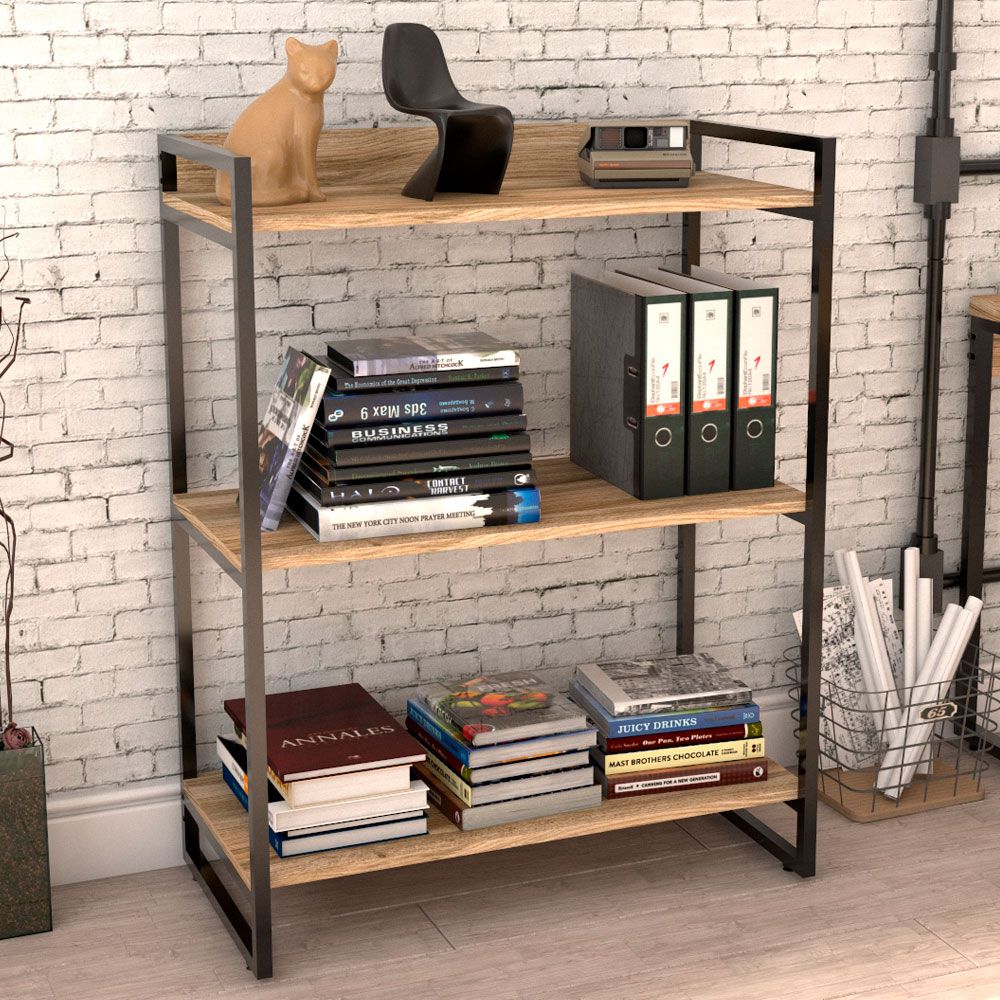 Kit Mesa Cavalete 150 cm com Estante 3 Prateleiras Estilo Industrial Form C01 Carvalho - Lyam Decor