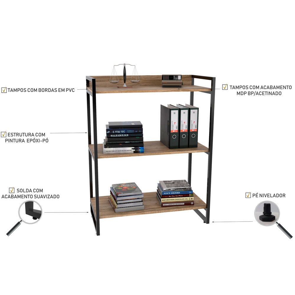 Kit Mesa Cavalete 150 cm com Estante 3 Prateleiras Estilo Industrial Form C01 Carvalho - Lyam Decor