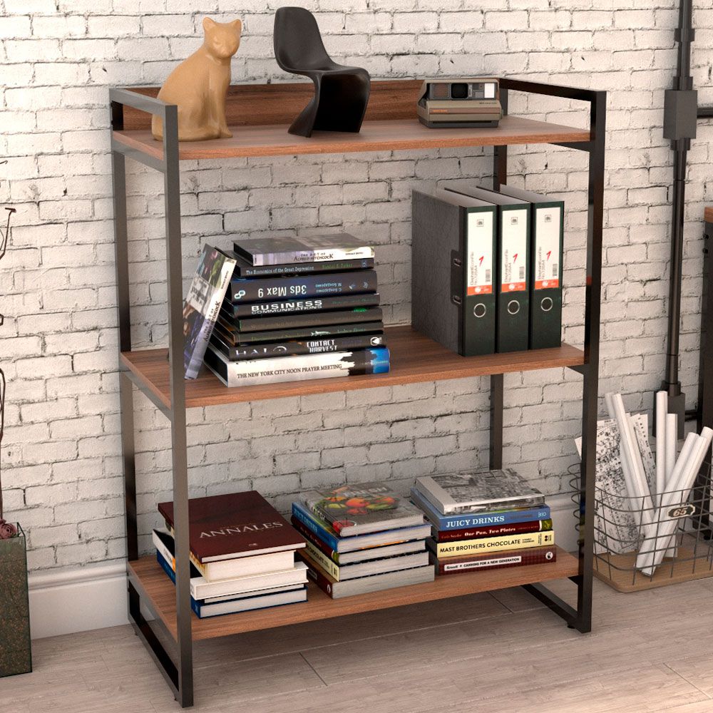 Kit Mesa Cavalete 150 cm com Estante 3 Prateleiras Estilo Industrial Form C01 Nogal - Lyam Decor