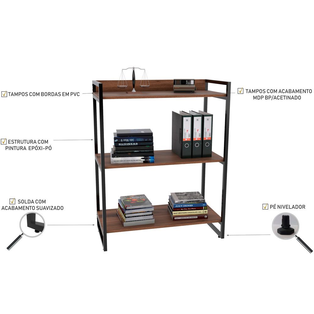 Kit Mesa Cavalete 150 cm com Estante 3 Prateleiras Estilo Industrial Form C01 Nogal - Lyam Decor