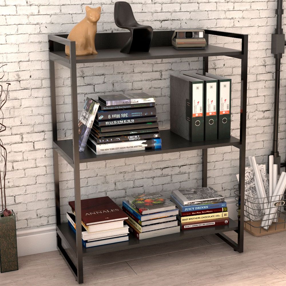 Kit Mesa Cavalete 150 cm com Estante 3 Prateleiras Estilo Industrial Form C01 Preto Onix - Lyam Decor