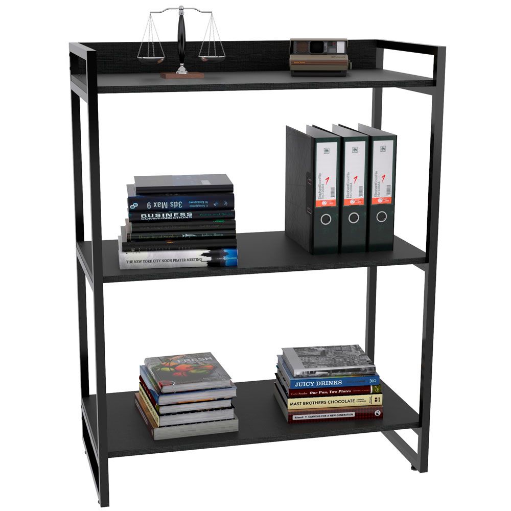 Kit Mesa Cavalete 150 cm com Estante 3 Prateleiras Estilo Industrial Form C01 Preto Onix - Lyam Decor