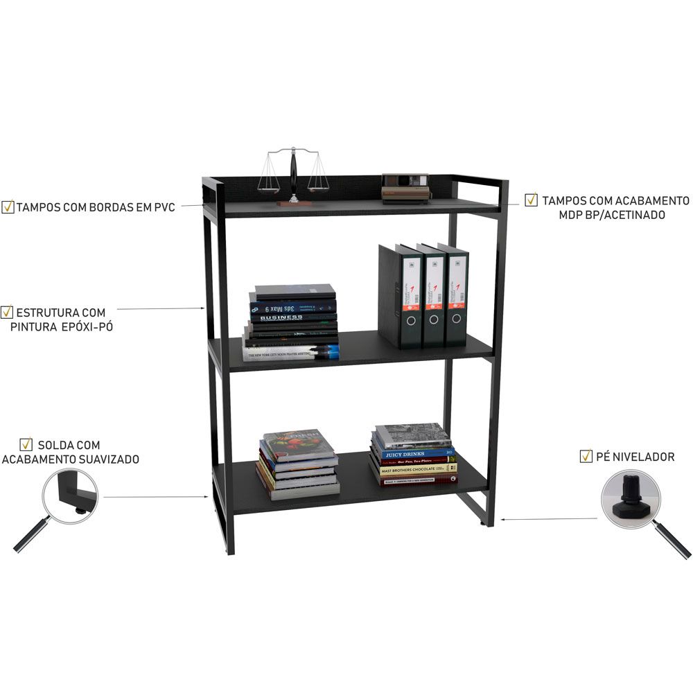 Kit Mesa Cavalete 150 cm com Estante 3 Prateleiras Estilo Industrial Form C01 Preto Onix - Lyam Decor