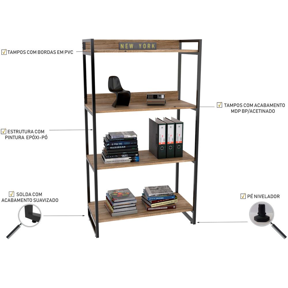 Kit Mesa Cavalete 150 cm com Estante 4 Prateleiras Estilo Industrial Form C01 Carvalho - Lyam Decor