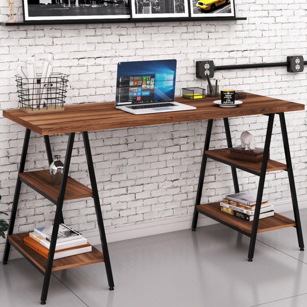 Kit Mesa Cavalete 150 cm com Estante 4 Prateleiras Estilo Industrial Form C01 Nogal - Lyam Decor