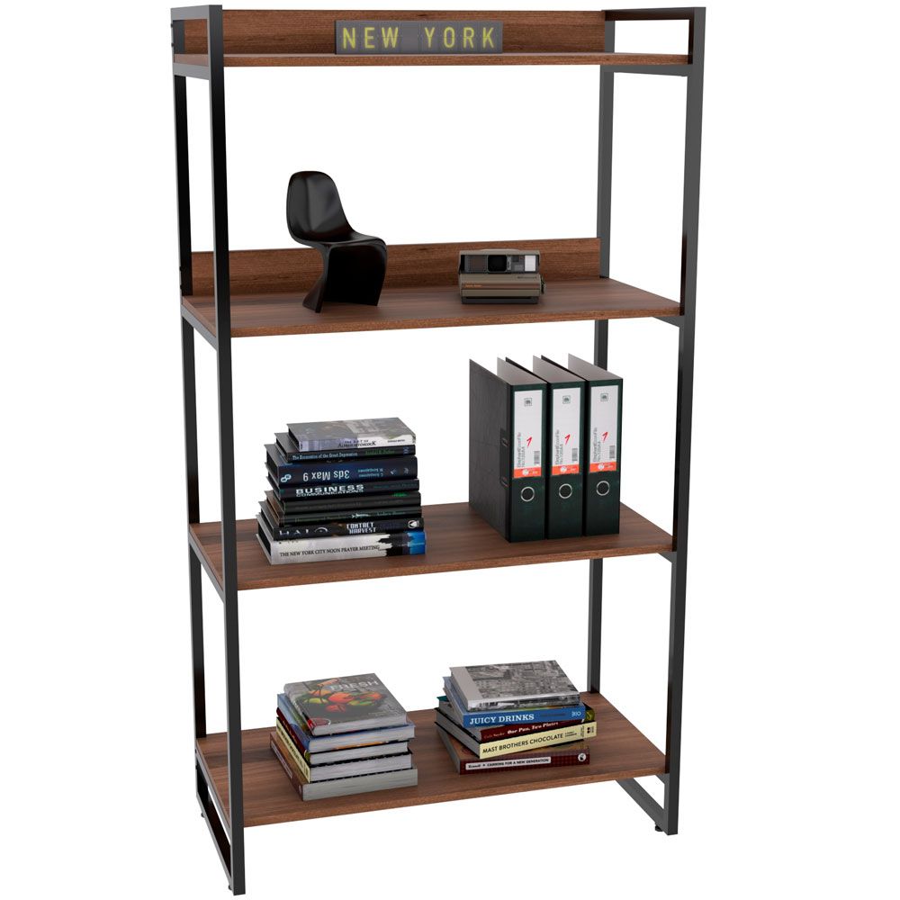 Kit Mesa Cavalete 150 cm com Estante 4 Prateleiras Estilo Industrial Form C01 Nogal - Lyam Decor