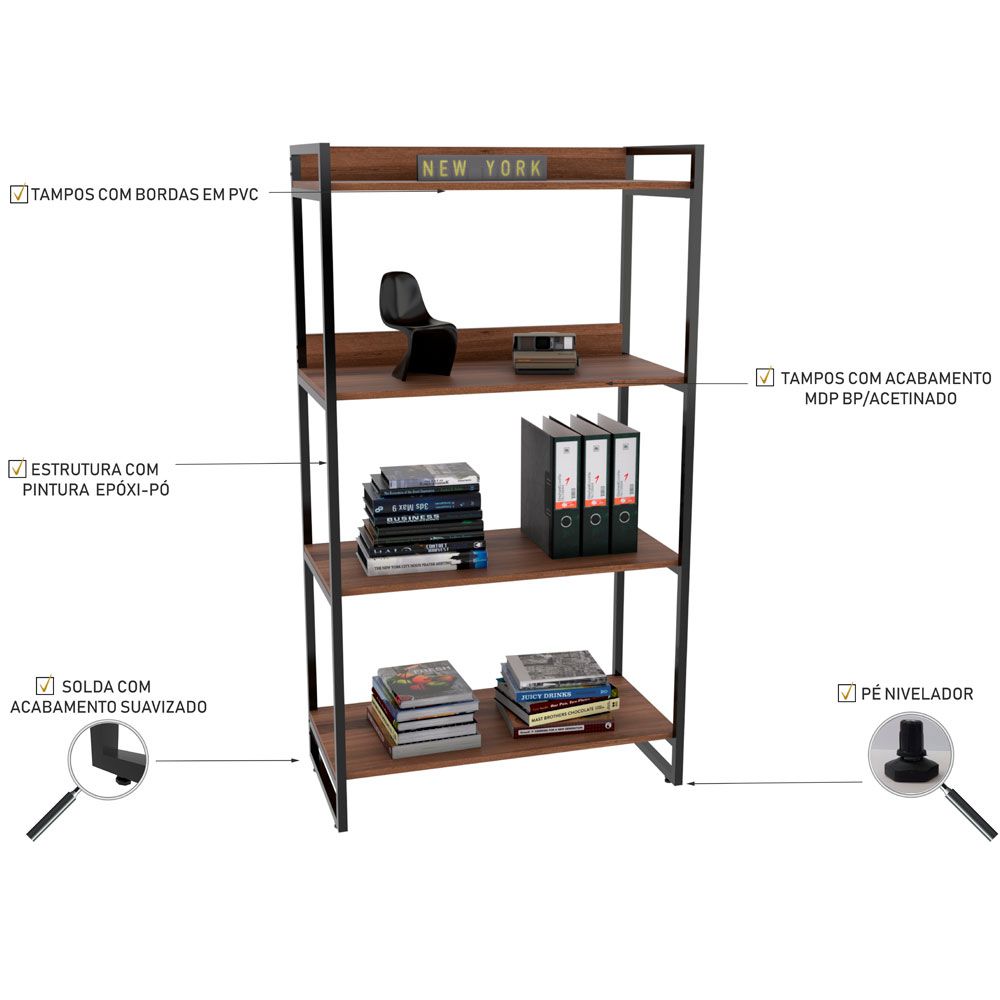Kit Mesa Cavalete 150 cm com Estante 4 Prateleiras Estilo Industrial Form C01 Nogal - Lyam Decor