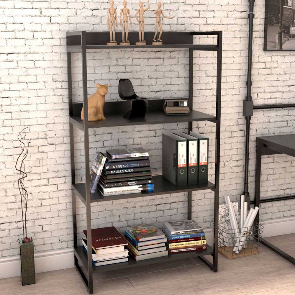 Kit Mesa Cavalete 150 cm com Estante 4 Prateleiras Estilo Industrial Form C01 Preto Onix - Lyam Decor
