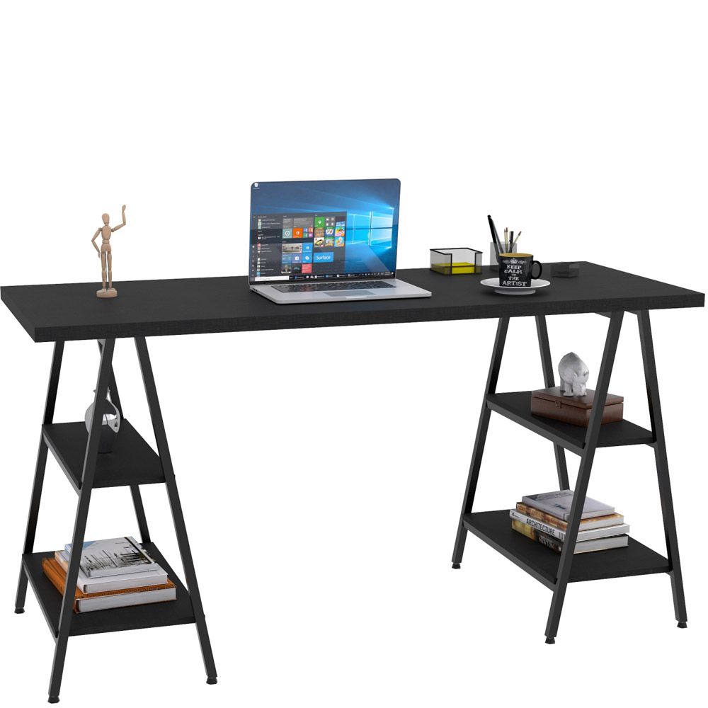 Kit Mesa Cavalete 150 cm com Estante 4 Prateleiras Estilo Industrial Form C01 Preto Onix - Lyam Decor