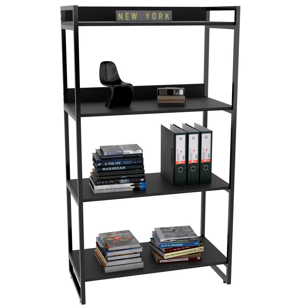 Kit Mesa Cavalete 150 cm com Estante 4 Prateleiras Estilo Industrial Form C01 Preto Onix - Lyam Decor