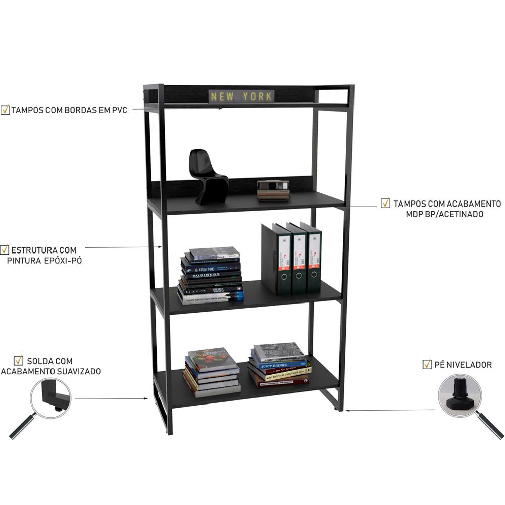 Kit Mesa Cavalete 150 cm com Estante 4 Prateleiras Estilo Industrial Form C01 Preto Onix - Lyam Decor