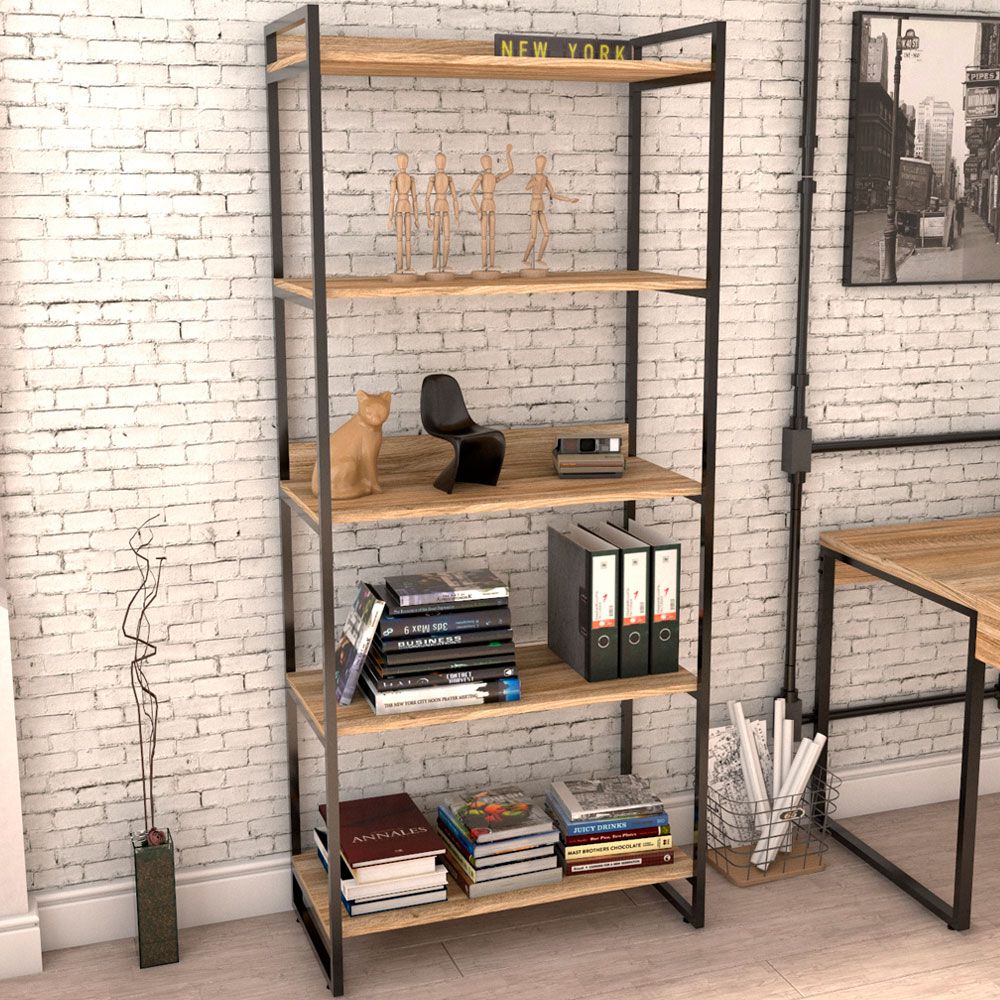 Kit Mesa Cavalete 150 cm com Estante 5 Prateleiras Estilo Industrial Form C01 Carvalho - Lyam Decor