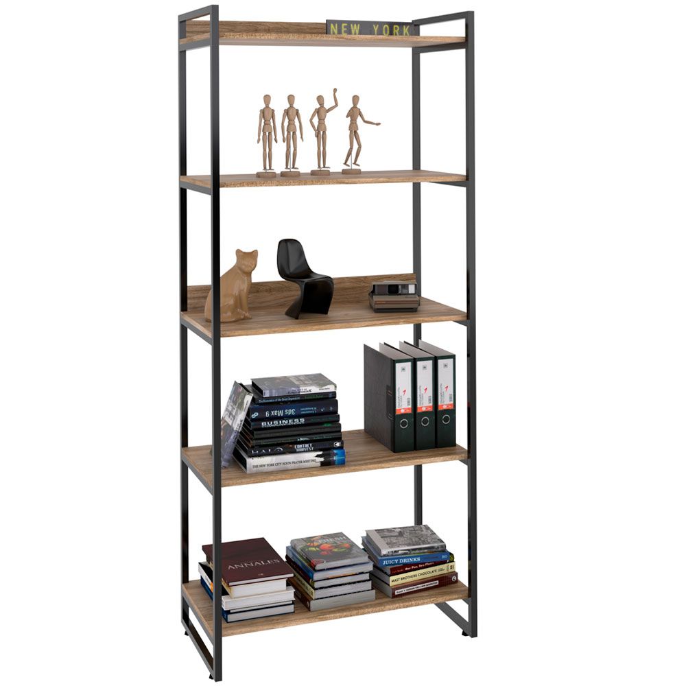 Kit Mesa Cavalete 150 cm com Estante 5 Prateleiras Estilo Industrial Form C01 Carvalho - Lyam Decor