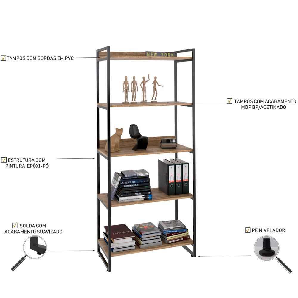 Kit Mesa Cavalete 150 cm com Estante 5 Prateleiras Estilo Industrial Form C01 Carvalho - Lyam Decor