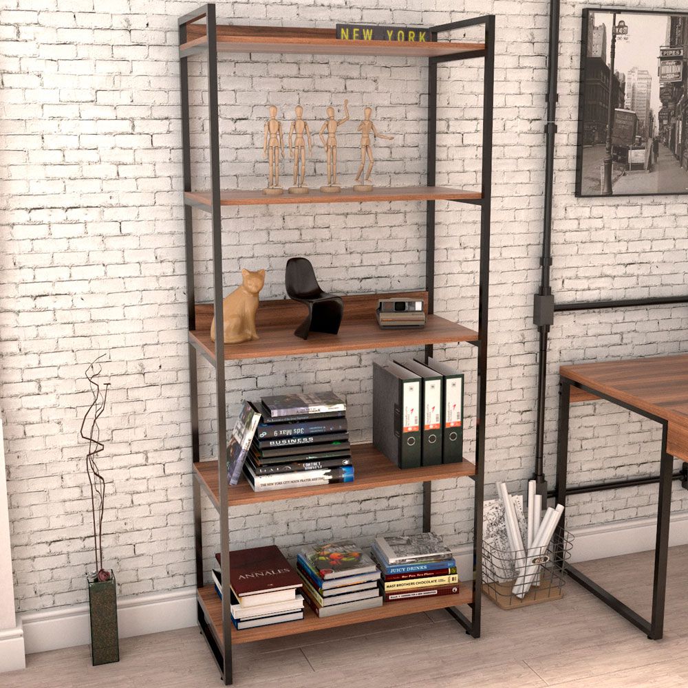 Kit Mesa Cavalete 150 cm com Estante 5 Prateleiras Estilo Industrial Form C01 Nogal - Lyam Decor