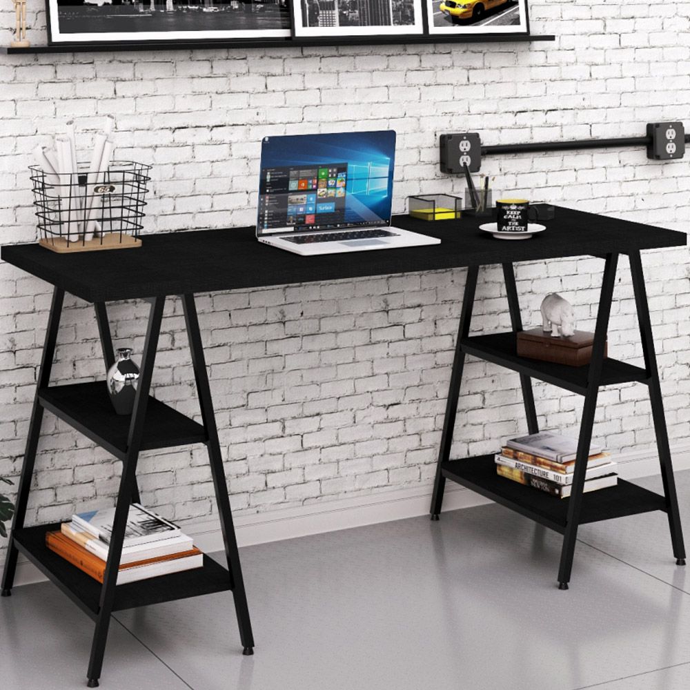 Kit Mesa Cavalete 150 cm com Estante 5 Prateleiras Estilo Industrial Form C01 Preto Onix - Lyam Decor