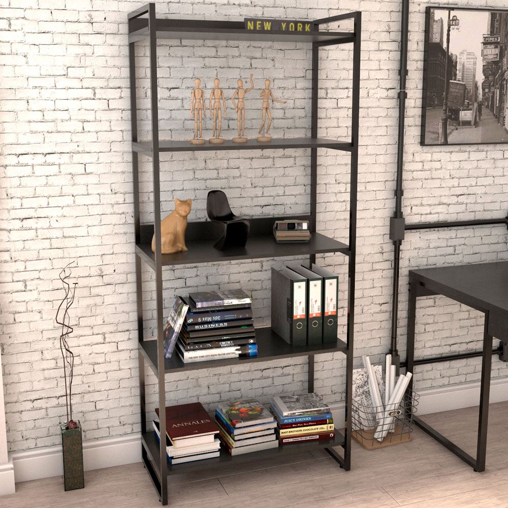 Kit Mesa Cavalete 150 cm com Estante 5 Prateleiras Estilo Industrial Form C01 Preto Onix - Lyam Decor