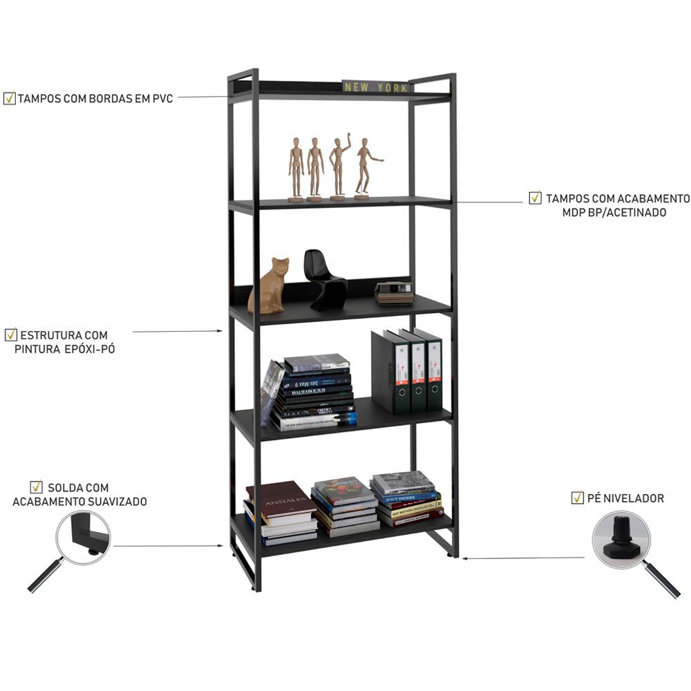 Kit Mesa Cavalete 150 cm com Estante 5 Prateleiras Estilo Industrial Form C01 Preto Onix - Lyam Decor