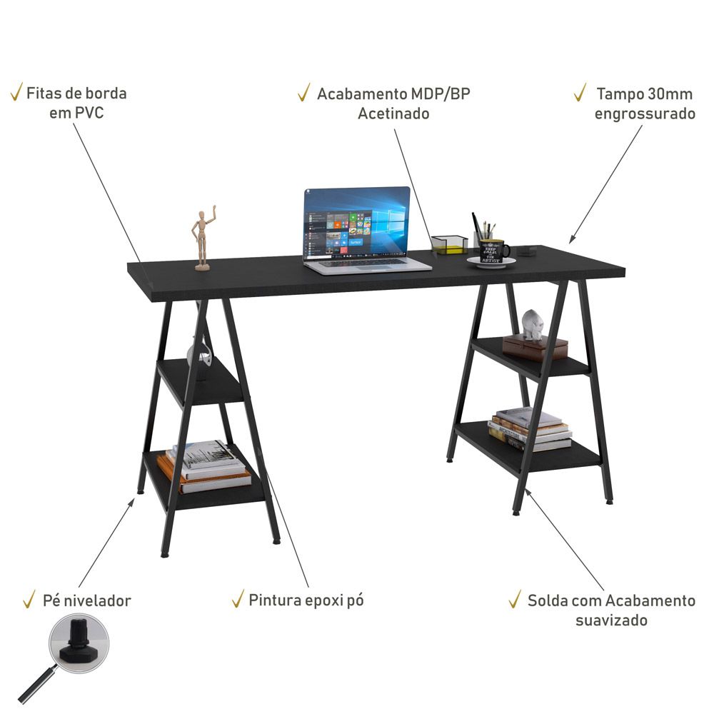 Kit Mesa Cavalete 150 cm com Estante 5 Prateleiras Estilo Industrial Form C01 Preto Onix - Lyam Decor